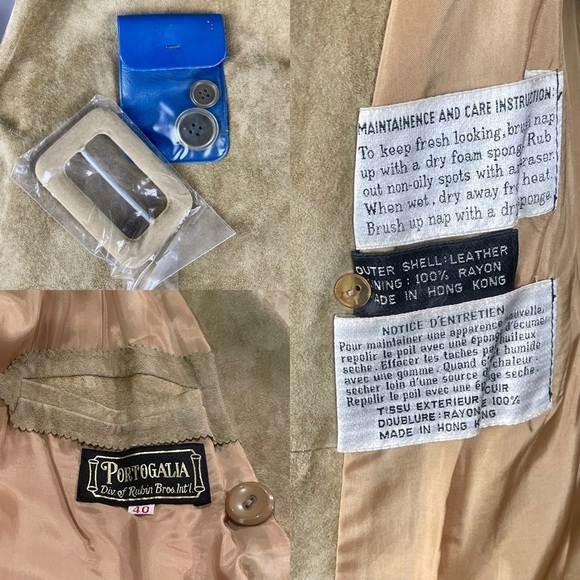 VINTAGE PORTO GALIA 70's SUEDE LEATHER TAN DOUBLE BREAST BELTED TRENCH COAT14/16 - Picture 12 of 13